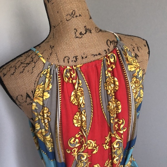 Roz & Ali Printed Maxi Dress with attached gold chain belt Sz 4 - Picture 8 of 15